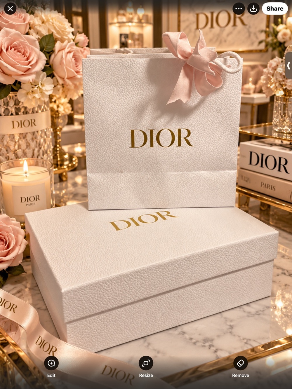 Dior White Gift Bag with Pink Ribbon and Gold Logo